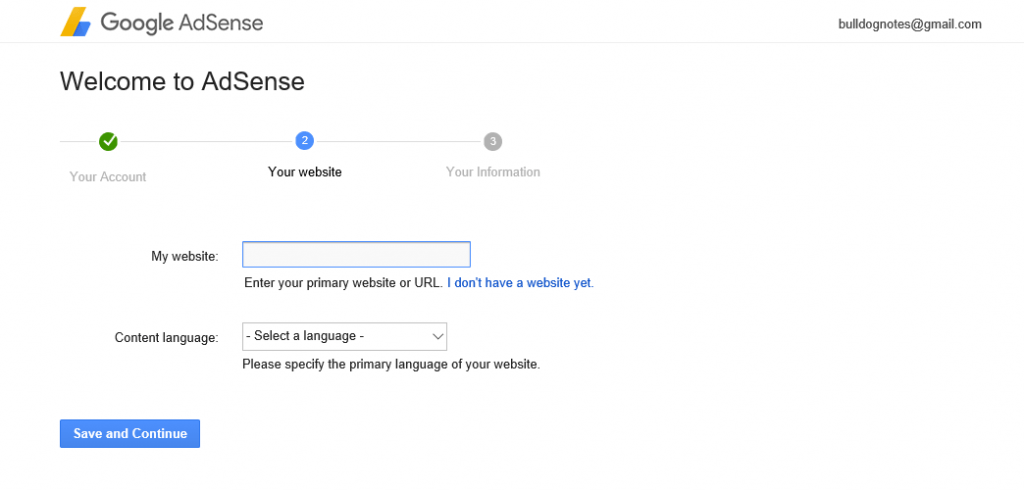 đăng ký google adsense cho website, bước 2