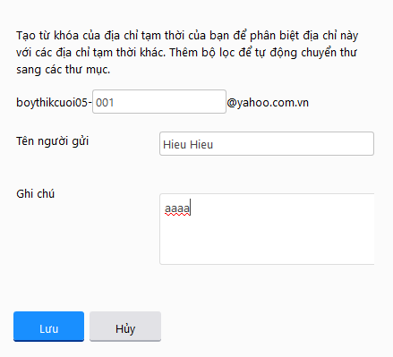 Điền thông tin thêm địa chỉ email tạm thời