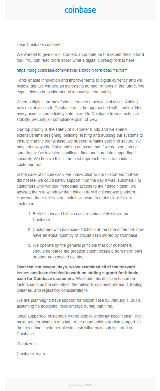 thông báo từ coinbase về việc chấp nhận bitcoin cash