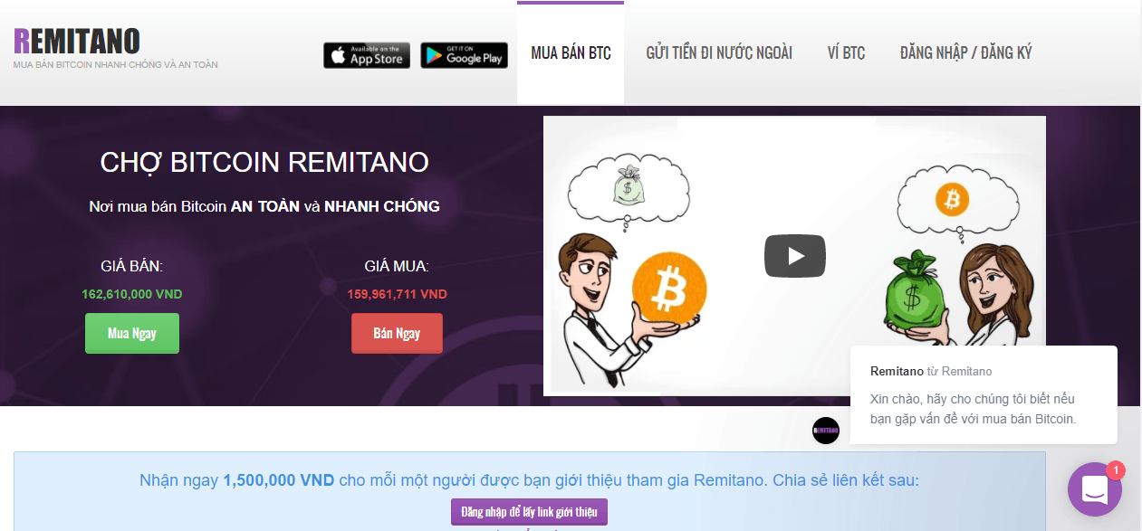 Giao diện trang mua bán bitcoin trên Remitano