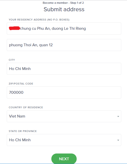 Điền thông tin địa chỉ noi ở
