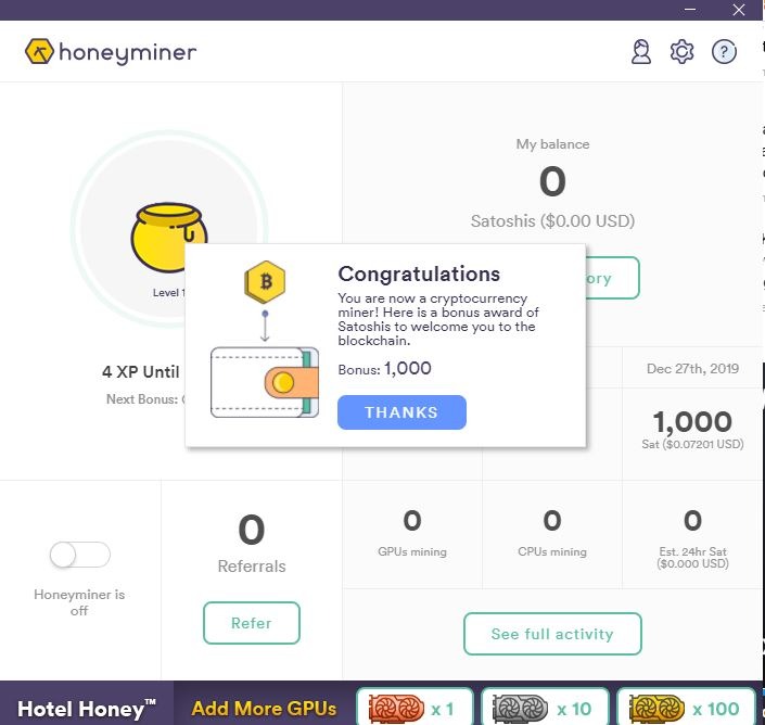 Giao diện ứng dụng đào Honeyminer