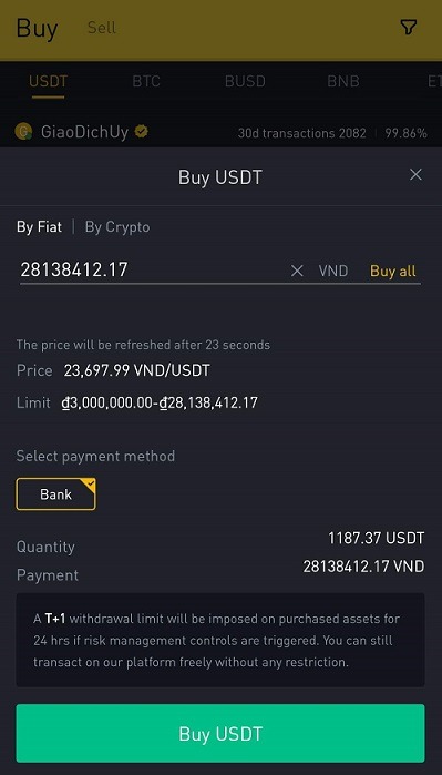 Điền số lượng tiền muốn mua coin trên app Binance P2P