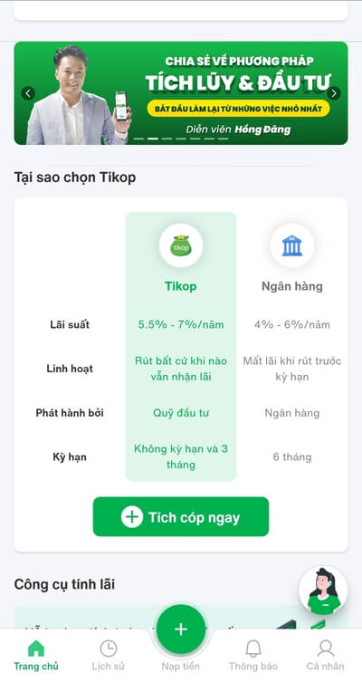 Trên app Tikop chọn Tích cóp ngay - hướng dẫn sử dụng tikop 