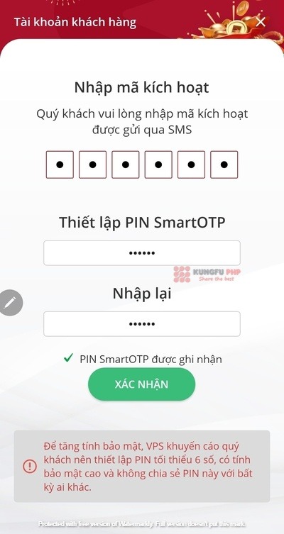 Điền thông tin thiết lập Pin SmartOTP