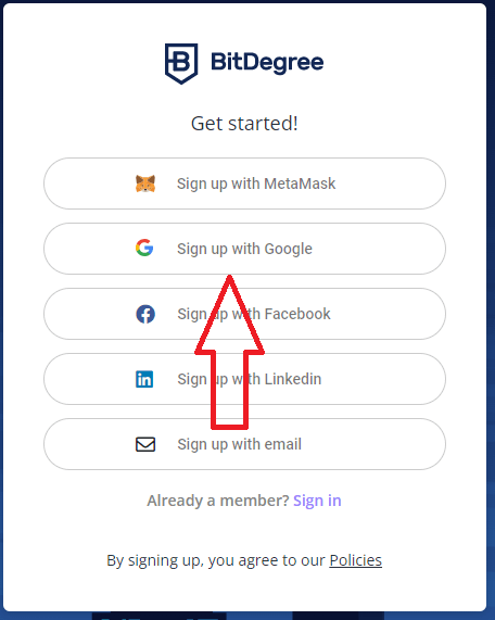 Chọn Sign up with Google đăng ký bằng email tương tự như email đã đăng ký trên Unstoppable