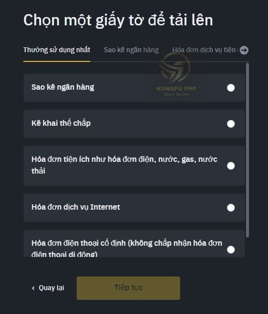 chọn loại giấy tờ xác minh địa chỉ