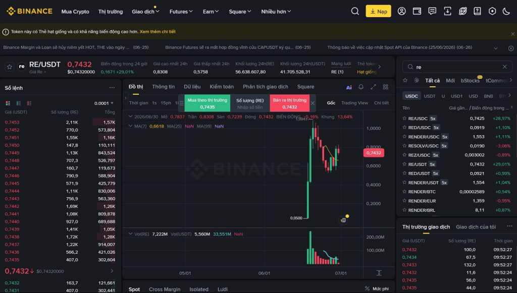 giao dịch Re trên Binance