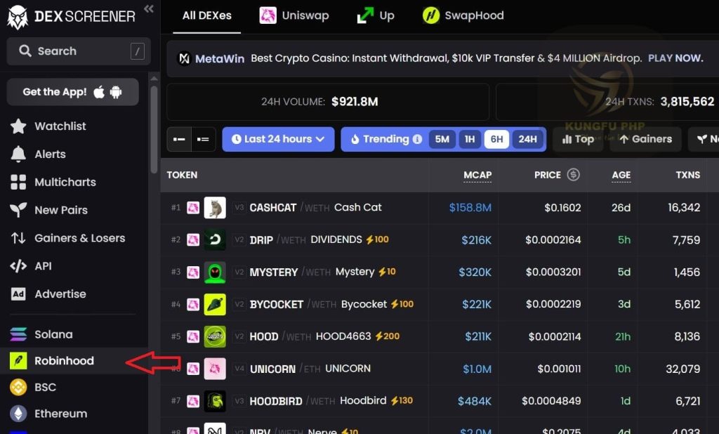 chọn mạng robinhood trên dexscreener